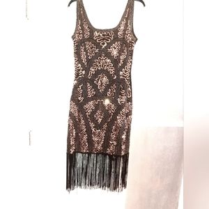 Designer Gown great Gatsby Sequin Fringed size 9 side zipper stretch flapper 20s